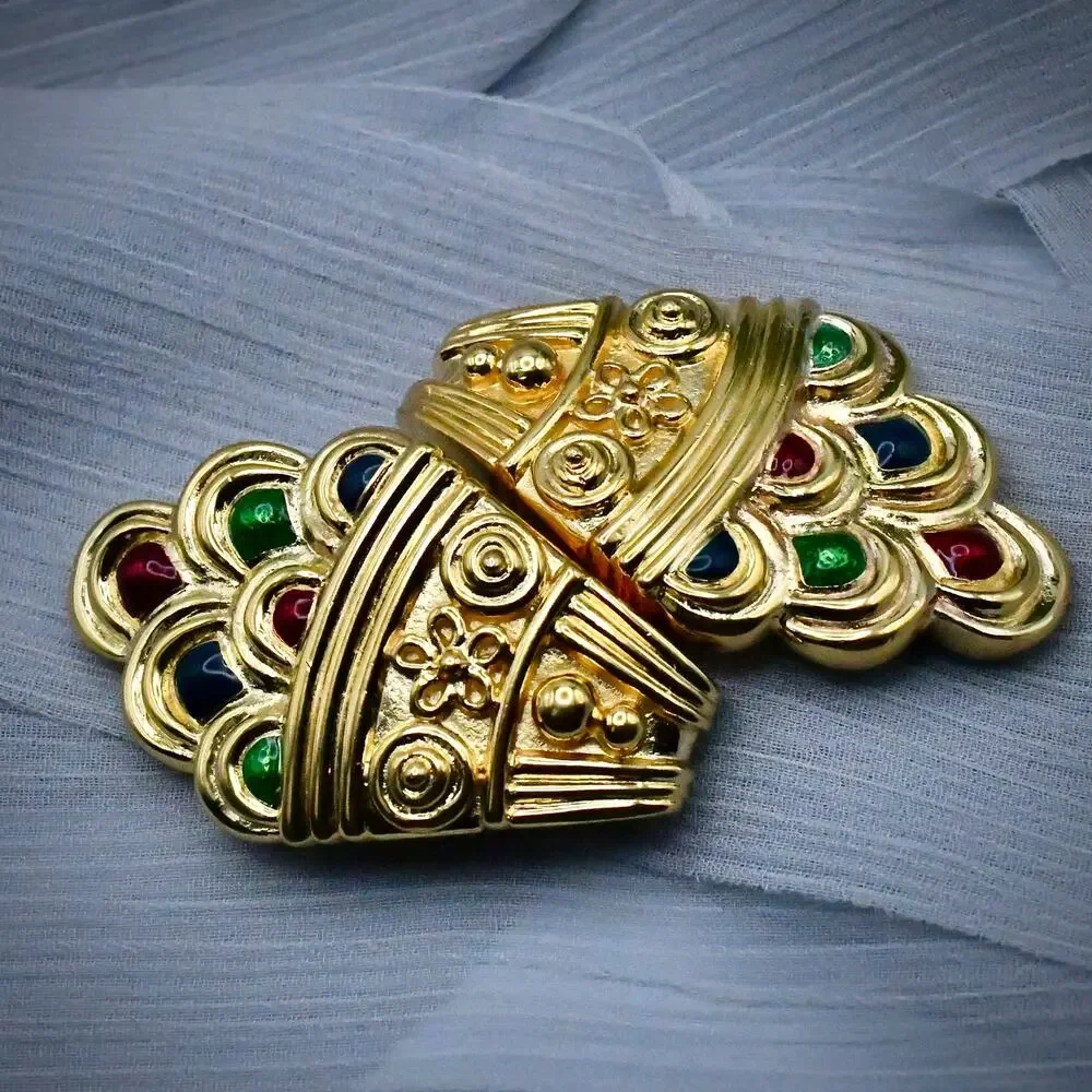 Vintage Christian Dior 1980s Runway Etruscan Revival Enamel Shield Earrings 2" - Picture 7 of 11